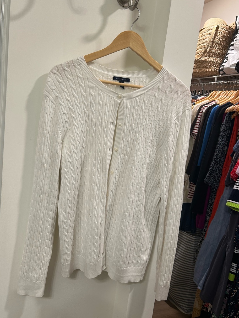 Tommy Hilfiger 100% Cotton White Cable Knit Button-Front Cardigan